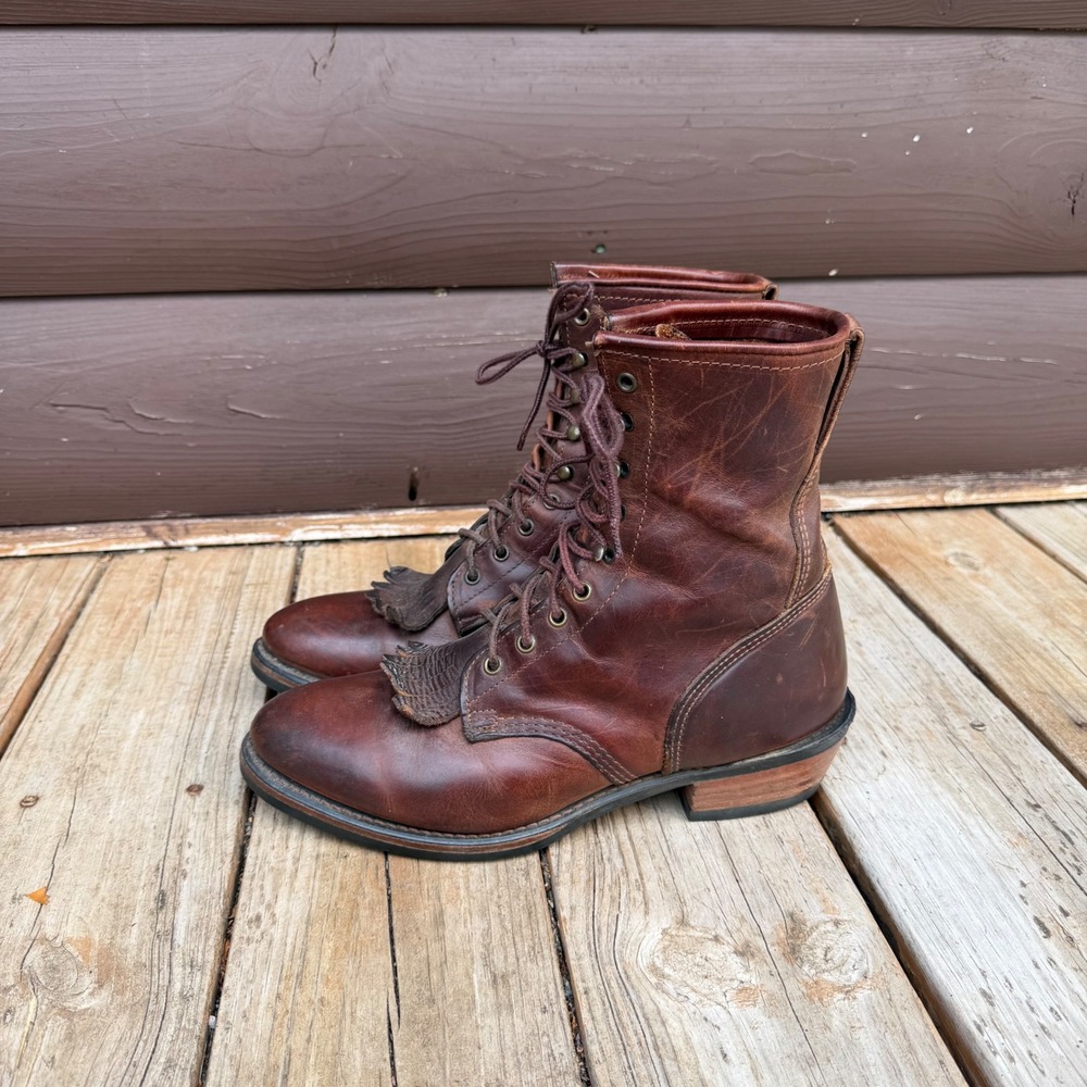 Vtg Durango Brown Leather Packer Boots Kiltie Lace Up Vibram Biltrite Mens 10D